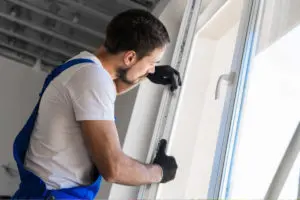 Un artisan en train de poser des fenêtres