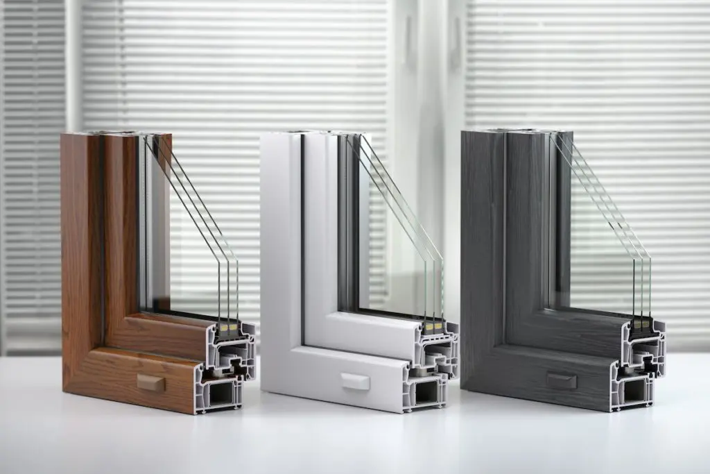 Profils de menuiserie PVC en triple vitrage avec plaxage bois, coloris blanc ou gris anthracite