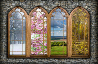 Fenêtres donnant sur l'hiver, le printemps, l'été et l'automne