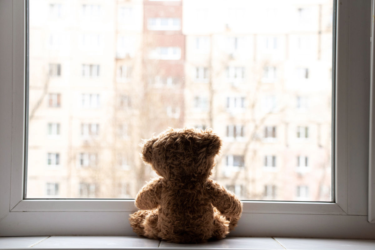 Ours peluche devant une fenêtre en double-vitrage